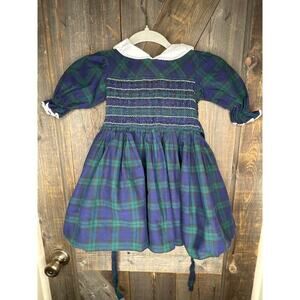 Vintage Polly Flinders Hand Smocked Dress Blue Green Plaid Girls Size 5 1970s